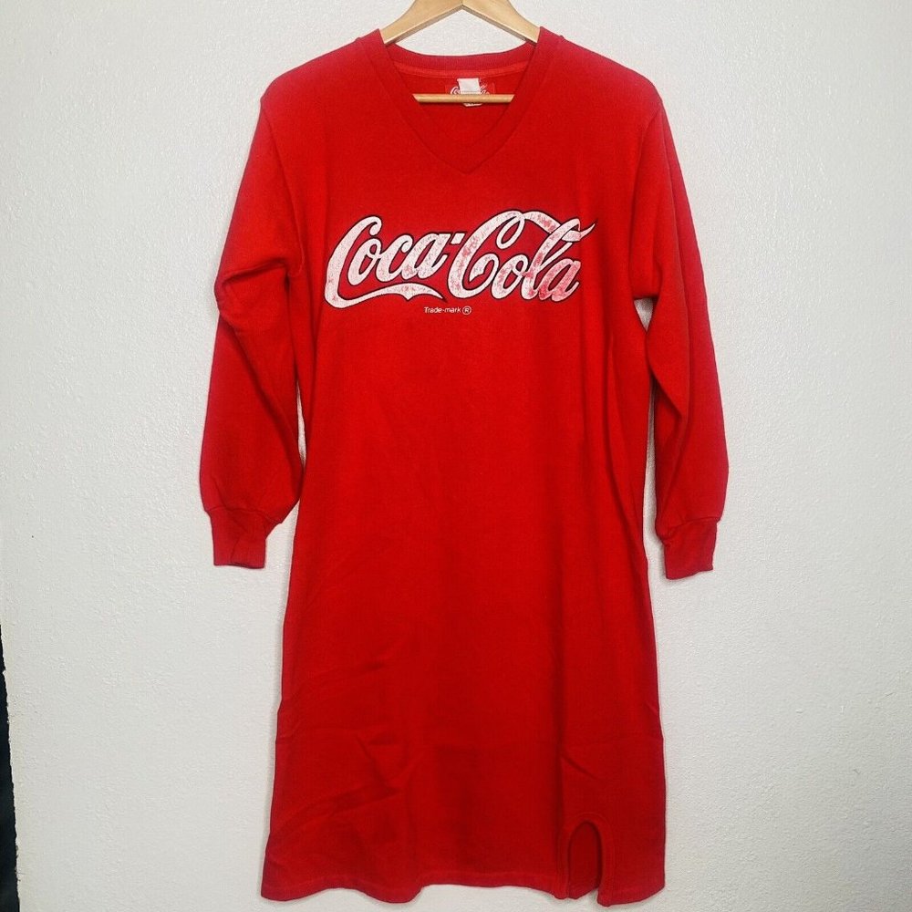 RARE Vtg Coca Cola Women Medium M Sleepwear Long Night Shirt Gown Red Coke